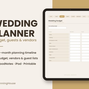 Op de afbeelding: Een digitale trouwplanner weergegeven op een tabletscherm, met een budgettracker met categorieën voor locatie, catering en fotografie. De interface bevat tabbladen voor planning, gastenlijsten en het beheer van leveranciers in een beige kleurenschema.