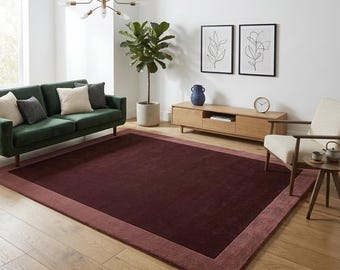 Burgundy Wool Rug, Hand Tufted Wine Red Area Rug, Modern Border Rug, Luxury Living Room Carpet, Custom Size Wool Rug