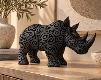 Abstract Rhino Sculpture, Modern Rhinoceros Decor, Tribal Art Statue, Statement Shelf Accent, Housewarming Gift
