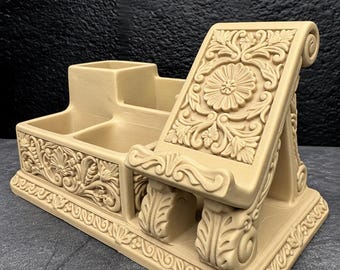 Ornate Desk Organizer with Phone Stand, Floral Pen Holder, Elegant Office Caddy & Decor