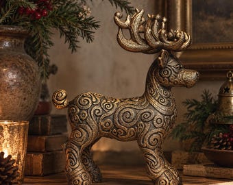 Ornate Reindeer Statue, Stag Decor, Christmas Deer Sculpture, Hand Painted Holiday Decoration