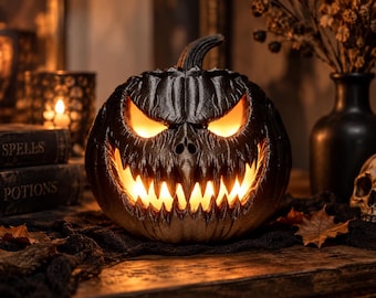 Scary Halloween Pumpkin Lamp, Evil Jack O Lantern Decor, LED Lighted Pumpkin, Spooky Halloween Decor
