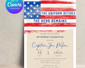 Military Retirement Invitation Template Retirement Party Editable Canva Patriotic American Flag Honor Celebration