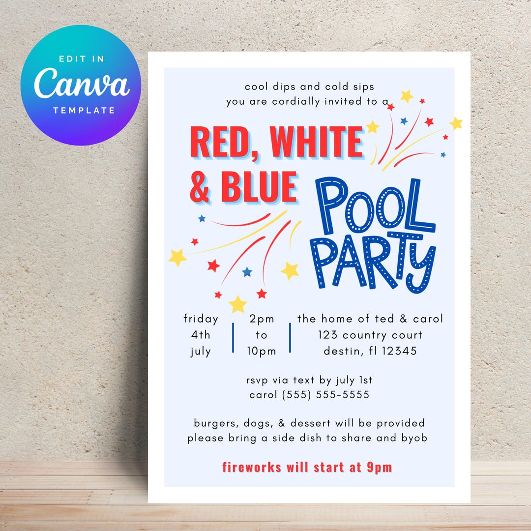 Patriotic Pool Party Invitation Template Red White and Blue Editable ...