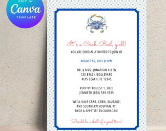 Blue Crab Boil Invitation | Coastal Party, Editable Template (Digital Download)