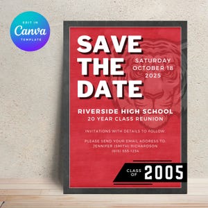 May include: A red and black framed announcement for a Riverside High School 20-year class reunion. The text reads "Save the Date" with the date of October 18, 2025. Includes contact information and "Class of 2005".