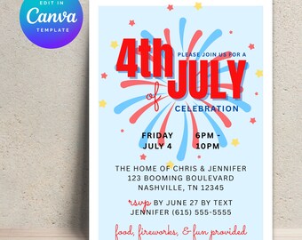 Fourth of July Party Invitation Template Red White Blue Editable Canva Patriotic Fireworks Pool