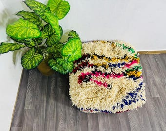 Moroccan handmade ivory beige wool Pouf Ottoman, BerberPouf, kilim Floor Cushion, Boho Pouf, Moroccan Home Decor