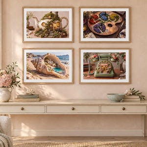 Verspieltes Cottagecore-Wandbild-Set: Teekannenhaus, Muschelhaus, Blumenladen (Digitaler Download)