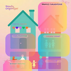 May include: A colorful digital family command center planner featuring the text Home Command Center, Family Central, Family Organizer, Family Calendar, Meal Planner, Chore Chart, Budget Tracker, Contacts, and Stronger Together, Every Day! with house icons.