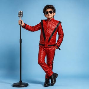 May include: A red leather jacket and matching red leather trousers featuring black V-shaped accents on the chest and black stripes down the sides of the legs. The outfit is paired with black sunglasses and a silver vintage-style microphone on a stand.