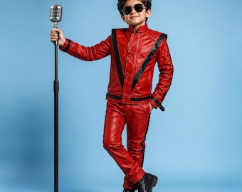 Kids Michael Jackson Thriller Red Leather Jacket & Pant Costume, 1980s Pop Star Outfit