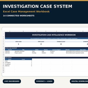 May include: An Investigation Case System Excel Case Management Workbook with 14 connected worksheets. The dashboard displays an Investigation Case Intelligence Workbook with active case snapshots, lead status, and case IDs for tracking investigations.