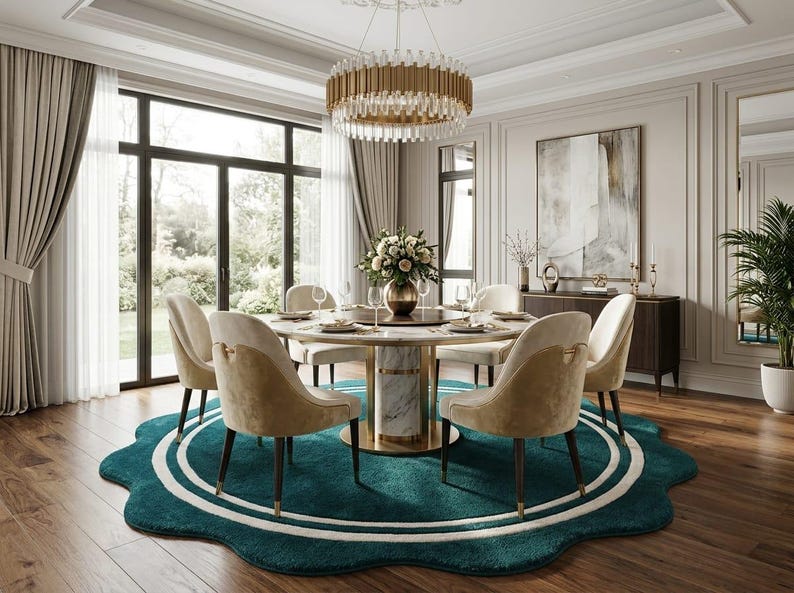 May include: A round dining table with a white marble base and gold accents, surrounded by six upholstered chairs in beige and tan fabric. The set sits on a large, scalloped, teal-colored area rug with white circular detailing on a wooden floor.