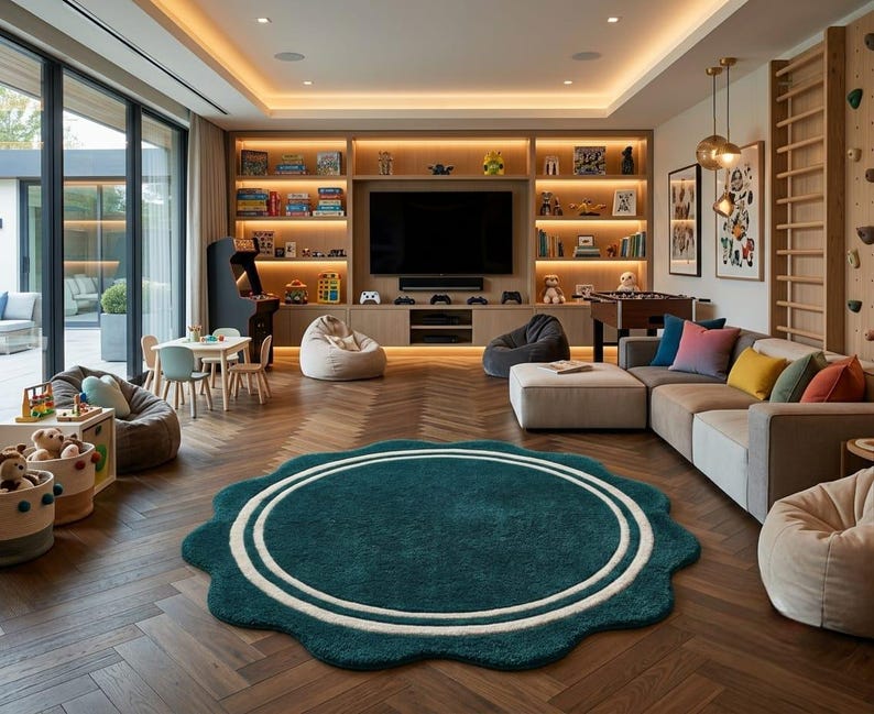 May include: A large, round, dark teal area rug with a scalloped edge and two concentric white circular lines in the center. The rug is placed on a dark brown herringbone wood floor in a spacious room featuring a sectional sofa and shelving.