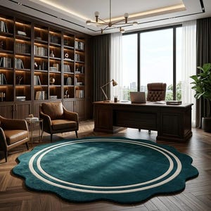 May include: A large, round, teal-colored area rug with a scalloped edge and two concentric white circular lines. The rug is placed on a dark brown herringbone wood floor in a room featuring a wooden desk, leather chairs, and bookshelves.