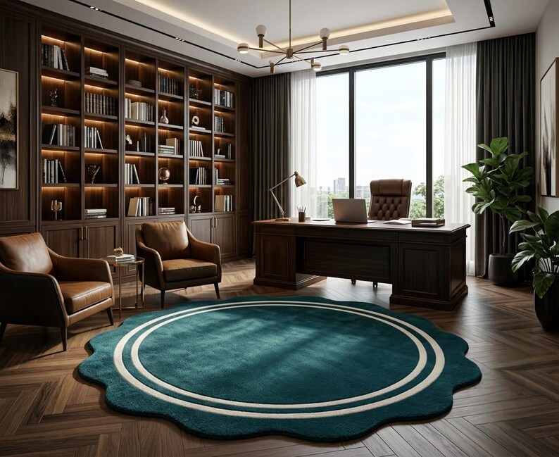 May include: A large, round, teal-colored area rug with a scalloped edge and two concentric white circular lines. The rug is placed on a dark brown herringbone wood floor in a room featuring a wooden desk, leather chairs, and bookshelves.