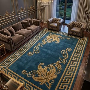 Peut inclure: Un grand tapis rectangulaire présentant un champ bleu sarcelle profond avec un motif floral doré proéminent au centre et une bordure géométrique à motif de grecque. Le tapis est placé sur un parquet sombre dans une pièce meublée.