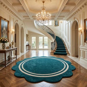 May include: A large, scalloped-edge circular rug in deep teal with a white circular border, placed on a herringbone wood floor in a grand foyer featuring a curved staircase with a teal runner, a crystal chandelier, and framed wall art.
