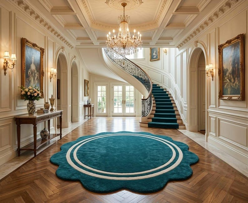 May include: A large, scalloped-edge circular rug in deep teal with a white circular border, placed on a herringbone wood floor in a grand foyer featuring a curved staircase with a teal runner, a crystal chandelier, and framed wall art.