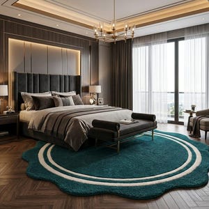 May include: A large, circular, teal-colored area rug with a scalloped edge and two concentric white circular rings. The rug is placed on a dark brown herringbone wood floor in a bedroom featuring a bed with a dark headboard and a bench.