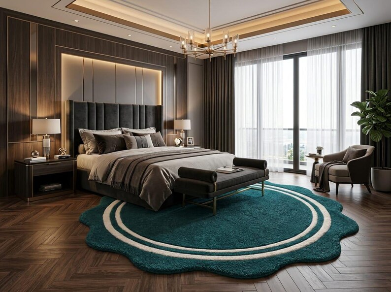 May include: A large, circular, teal-colored area rug with a scalloped edge and two concentric white circular rings. The rug is placed on a dark brown herringbone wood floor in a bedroom featuring a bed with a dark headboard and a bench.
