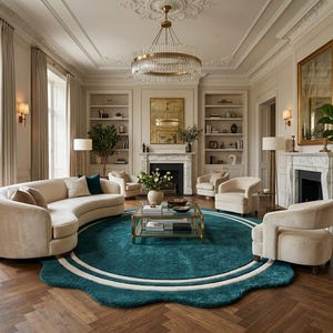 May include: A living room featuring a large, curved, cream-colored sofa and matching armchairs arranged around a central glass-topped coffee table. A circular, deep teal rug with white border accents sits on a dark wood herringbone floor.