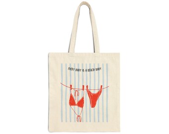 Red Bikini on Clothesline Tote Bag | Summer Beach Illustration, Striped Background