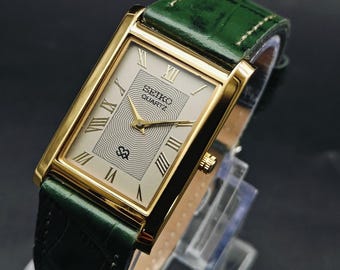 Vintage Seiko Slim Tank Style Quartz herenpolshorloge, rechthoekig model, leren band