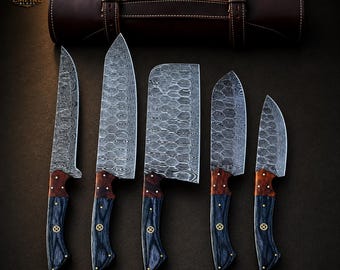 Juego de cuchillos de acero de Damasco hechos a mano, 5 cuchillos de chef, mangos de madera, estuche de cuero.