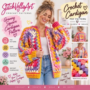 May include: A crochet cardigan pattern featuring a granny square design in vibrant shades of pink, yellow, purple, and white. The text includes StitchVellaArt Crochet Patterns, Crochet Cardigan PDF Pattern, and Make Your Own Happy Cardigan.