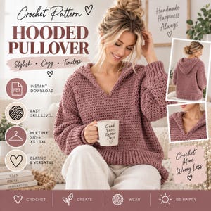 Può includere: Un maglione con cappuccio all'uncinetto color malva con scollo a V e polsini a coste. Il modello include testo come Crochet Pattern, Hooded Pullover, Instant Download, Easy Skill Level, Multiple Sizes XS-5XL e Crochet More Worry Less.