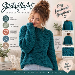 May include: A teal crochet sweater pattern by StitchVellaArt featuring a mock neck and long sleeves. The digital PDF includes instructions for multiple sizes, beginner-friendly steps, and instant download. The image displays front and back views.