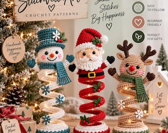 May include: Three crochet figures featuring a snowman in a teal hat and scarf, a Santa Claus with a red hat and white beard, and a reindeer with brown antlers and a green scarf. Each figure has a spring-like body and sits on a circular base.