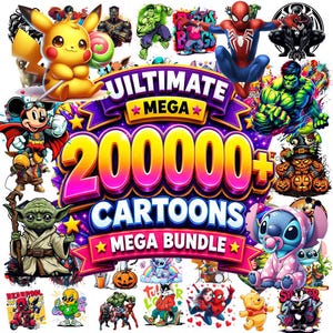 May include: A digital graphic collection featuring the text ULTIMATE MEGA 200000+ CARTOONS MEGA BUNDLE surrounded by colorful illustrations of various cartoon characters including Pikachu, Spider-Man, Hulk, Mickey Mouse, Yoda, and Stitch.