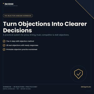 Könnte beinhalten: Ein dunkelblaues Arbeitsbuch mit dem Titel Turn Objections Into Clearer Decisions von 2M Edge Sales Resources. Es enthält die 4-stufige LAER-Methode, 28 echte Einwände mit fertigen Antworten und ein druckbares Arbeitsblatt zum Üben.