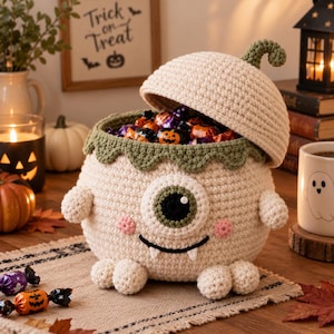 May include: A cream-colored crochet monster basket with a matching lid, featuring a single large green and black eye, a wide black smile with two white fangs, and pink cheeks. The basket has a scalloped olive green rim and small round feet.