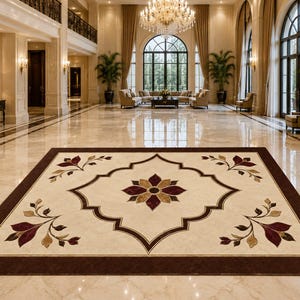 May include: A rectangular area rug featuring a cream-coloured centre with a dark brown border. The design includes a central floral motif in deep red and gold, surrounded by four matching floral corner accents, all framed by a dark brown outline.