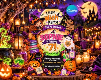 Editable Canva Witch Birthday Invitation, Halloween Party Invite (Digital Download)