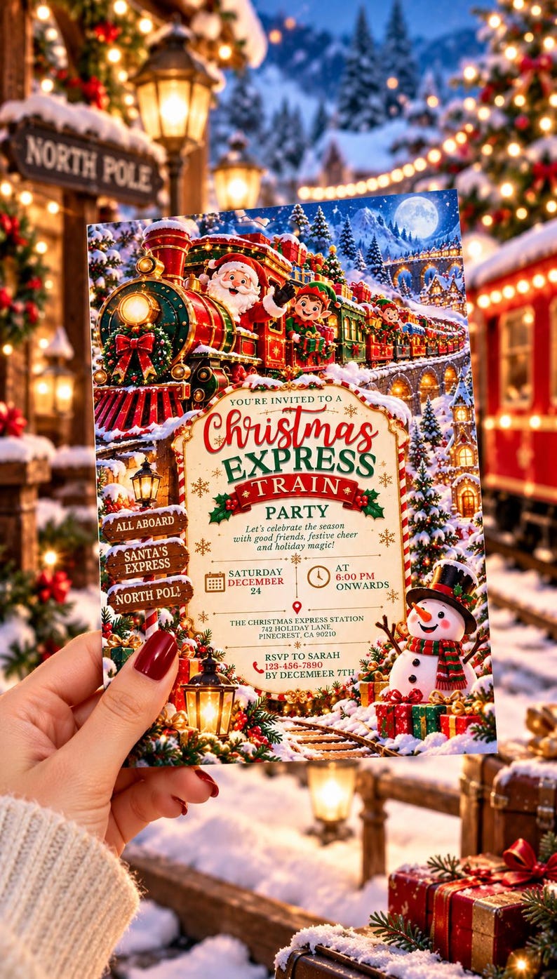 Two Train Invitation Christmas Express Train Party Invitation, Editable Canva Template ...