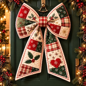 May include: A large quilted fabric bow decoration featuring a patchwork design of red, green, and cream squares. The pattern includes embroidered snowflakes, holly leaves with red berries, plaid sections, and a central red heart motif.