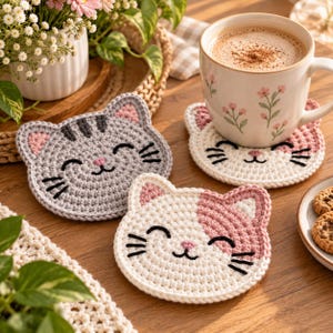 May include: Three round crochet coasters shaped like cat faces. One is grey with dark grey stripes, one is white with pink accents, and one is white with pink ears. Each features embroidered black eyes, whiskers, and a pink nose.