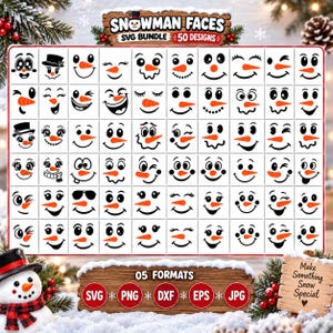 Peut inclure: Une collection numérique de 50 motifs de visages de bonhomme de neige noirs et orange disposés en grille. Chaque visage présente un nez en carotte et diverses expressions, dont des clins d'œil, des sourires et des rires. Le texte SNOWMAN FACES SVG BUNDLE 50 DESIGNS figure en haut.