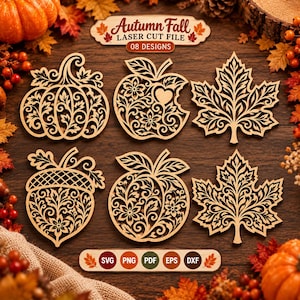 May include: Six laser-cut wooden shapes featuring intricate floral and leaf patterns, including a pumpkin, an apple, an acorn, and three maple leaves. The text Autumn Fall LASER CUT FILE 08 DESIGNS and SVG PNG PDF EPS DXF is visible.