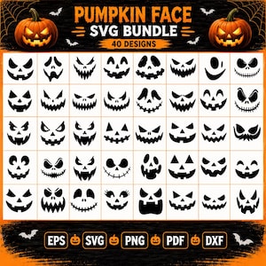 Puede incluir: Una colección digital titulada PUMPKIN FACE SVG BUNDLE 40 DESIGNS que presenta una cuadrícula de cuarenta expresiones faciales de calabaza negras sobre fondo blanco, enmarcada por gráficos de calabazas naranjas y etiquetas.