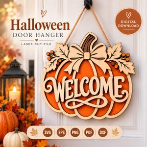 May include: A wooden pumpkin-shaped door hanger featuring the word WELCOME in script, a decorative bow, and leaf accents. The design includes a rope for hanging and text reading Halloween DOOR HANGER LASER CUT FILE and DIGITAL DOWNLOAD.