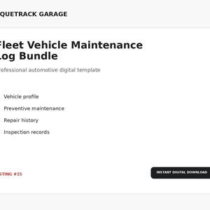 Może przedstawiać: Biały szablon cyfrowy zatytułowany Fleet Vehicle Maintenance Log Bundle od Torquetrack Garage. Zawiera sekcje dotyczące profilu pojazdu, konserwacji zapobiegawczej, historii napraw i rejestrów przeglądów, z czerwoną pionową linią.