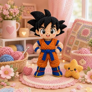 Peut inclure: Une poupée amigurumi crochetée représentant un personnage aux cheveux noirs hérissés, portant un gi orange avec un sous-vêtement bleu, des bracelets bleus, une ceinture bleue et des bottes bleues avec des détails jaunes et un sourire.