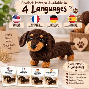 Dackel-Amigurumi-Häkelanleitung (PDF), Anleitung in Englisch, Französisch, Deutsch und Spanisch, Schritt-für-Schritt-Anleitung
