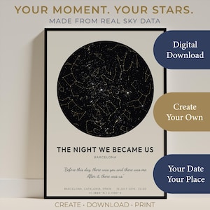 May include: A rectangular poster featuring a black circular star map on a beige background. Text reads: YOUR MOMENT. YOUR STARS. MADE FROM REAL SKY DATA. THE NIGHT WE BECAME US. BARCELONA. Before this day, there was you and there was me. After it, there was us. BARCELONA, CATALONIA, SPAIN 15 JULY 2016 22:00 41.3888 N / 2.1590 E. CREATE DOWNLOAD PRINT.